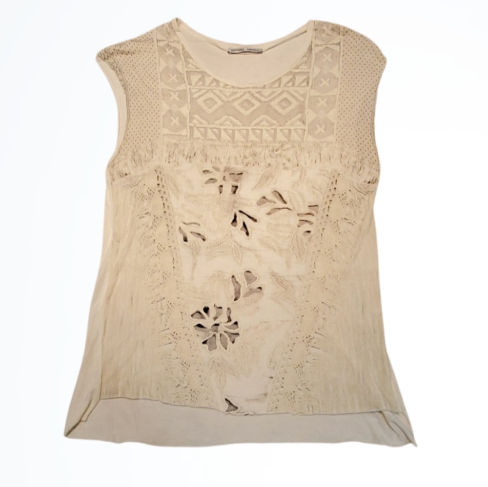 Zara W/E Collection Cream Beige Printed Cap Sleeved Tee Shirt Size S Bust 34 In